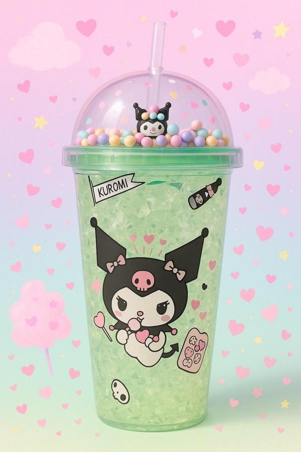 Çocuklar İçin Sevimli Renkli Boncuklu Kuromi Tasarımlı Pipetli İçecek Bardağı Suluk Yeşil 2647 - Image 1