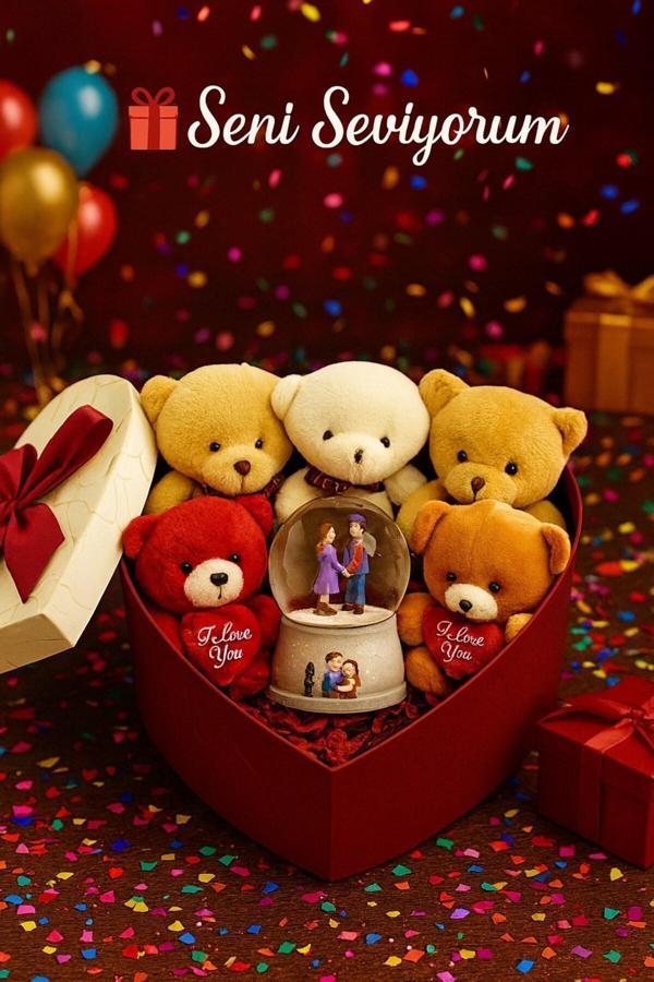 Seni Seviyorum Hediye Kutusu Sevgiliye Özel Romantik Kalpli Kutuda Ayıcık ve Kar Küresi Hediye Seti - Image 1