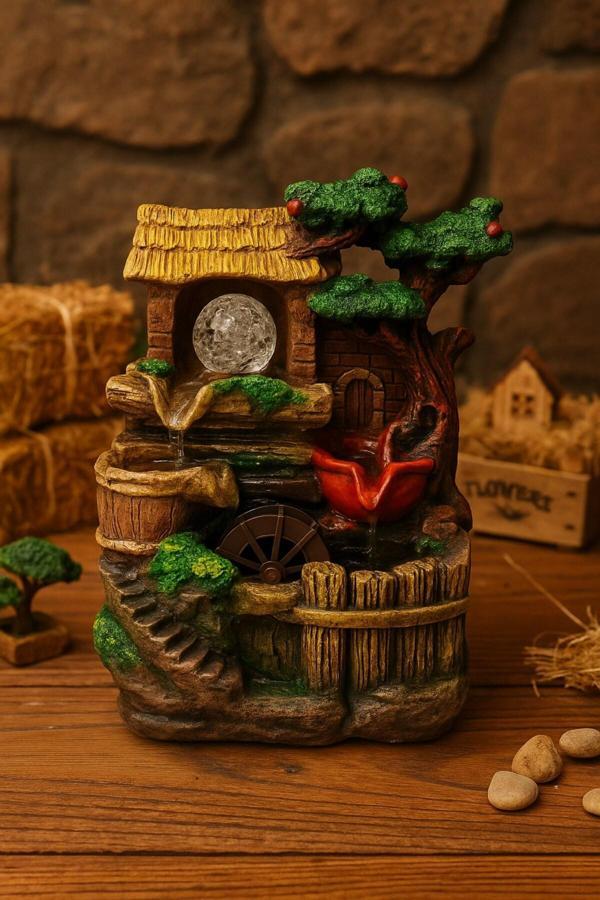 Huzur Veren Su Sesi Köy Evi Değirmen Süs Fıskiye LED Işıklı Masaüstü Dekoratif Ev Ofis Aksesuarı E - Image 1