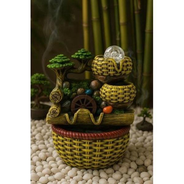 Değirmen Huzur Veren Su Sesi Şelale Hasır Sepet Yosun Efektli Süs Fıskiye LED Işıklı Ev Ofis Biblo M - Image 1