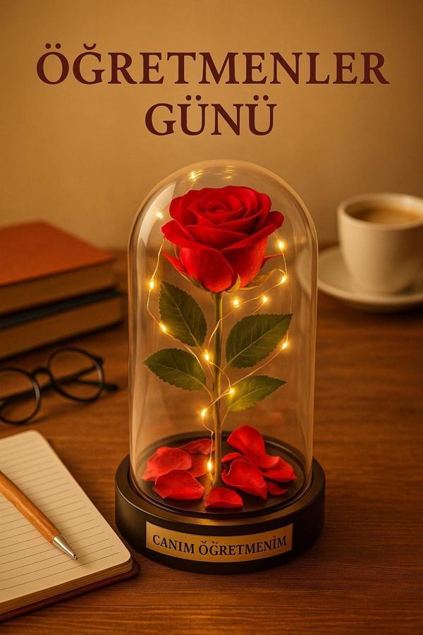 Sevgiliye Eşe Öğretmenler Gününe Anlam Katan Özel Fanusta Led Işıklı Canım Öğretmenim Hediye Biblosu - Image 1
