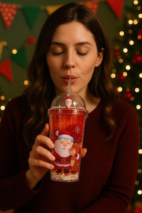 Kar Taneleri Altında Noel Baba ve Sevimli Geyik Desenli Renkli Pipetli Kupa Bardak Suluk 450ML 2768A - Image 1