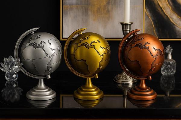 Ofisinize 3 Lü Metal Dünya Seti Masaüstü Dekorasyonu Dünya Küresi Ofis ve Ev Masaüstü Süs 13x9 cm - Image 1
