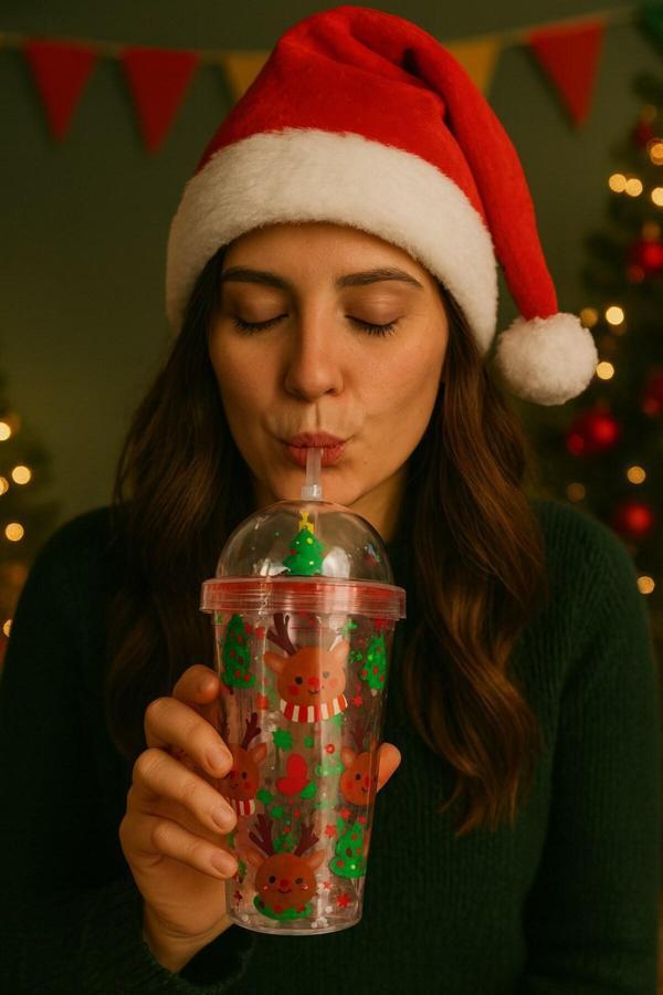 Sevimli Geyikli Kar Tanesi Noel Ağacı Desenli Süslemeli Renkli Pipetli Kupa Bardak Suluk 450ML 2768C - Image 1