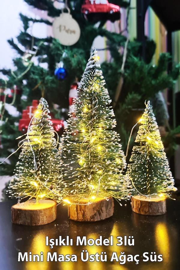 Hoşgeldin Yeni Yıl 3’lü Mini Noel Çam Ağacı Kar Efektli LED Işıklı Çam Ağaçları Seti 15 – 11– 10 Cm - Image 1