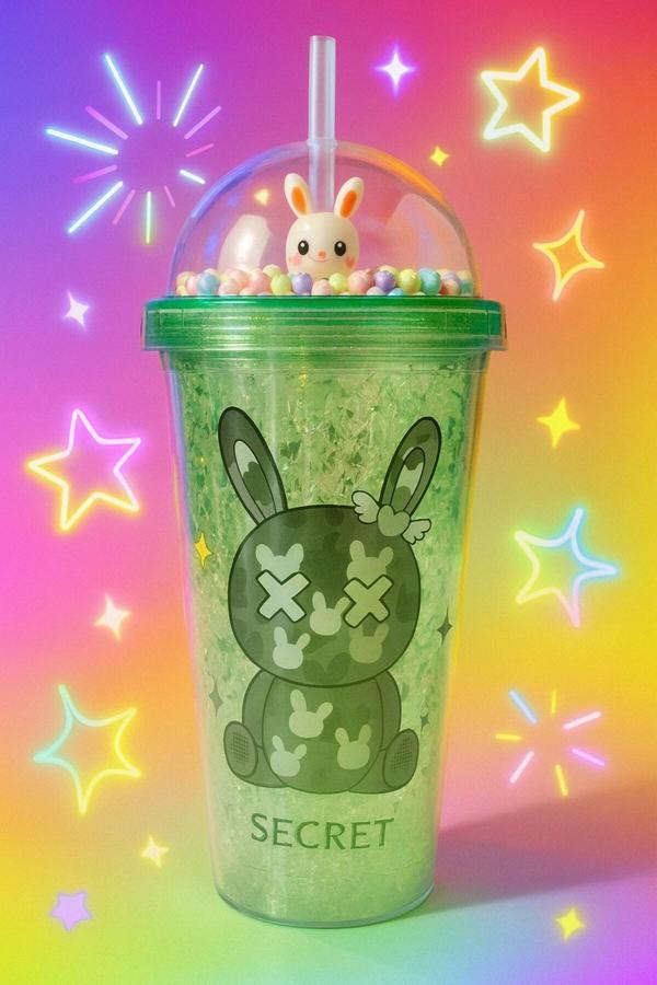 Sevimli Bunny Tavşan Figürlü Renkli Boncuklu Kristal Efektli Tasarım Pipetli Bardak Suluk Yeşil 2087 - Image 1