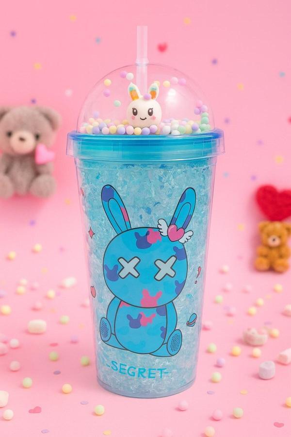 Sevimli Bunny Tavşan Figürlü Renkli Boncuklu Kristal Efektli Tasarım Pipetli Bardak Suluk Mavi 2087 - Image 1