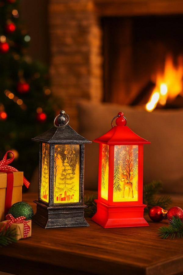 Yeni Yıl Noel Temalı 2 Li Set Işıklı Yılbaşı Feneri Çam Ağacı & Bambi Figürlü Kandili Fener 14 Cm - Image 1