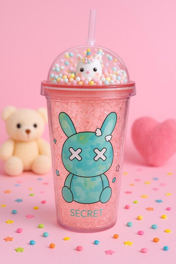 Sevimli Bunny Tavşan Figürlü Renkli Boncuklu Kristal Efektli Tasarım Pipetli Bardak Suluk Pembe 2087 - Image 1