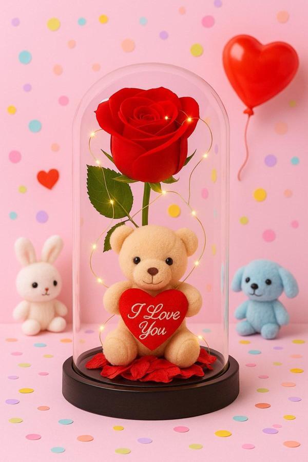 Dekoratif Tasarım Fanus LED Işıklı Kırmızı Gül I Love You Ayıcık Sevgiliye Romantik Aşk Hediye Seti - Image 1