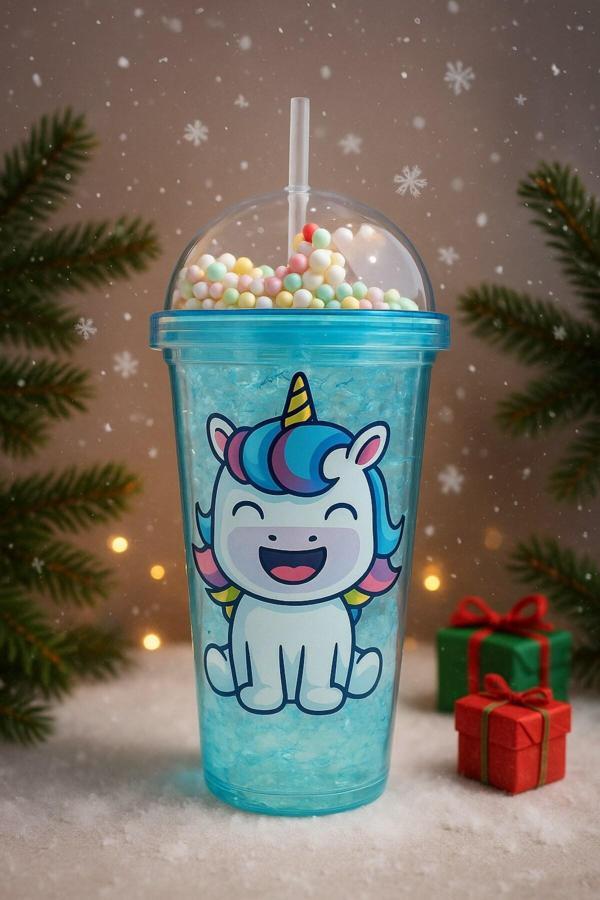 Renkli Boncuklu Unicorn Tasarımlı Pipetli İçecek Bardağı Çocuklar İçin Sevimli Suluk Mavi 2646 - Image 1