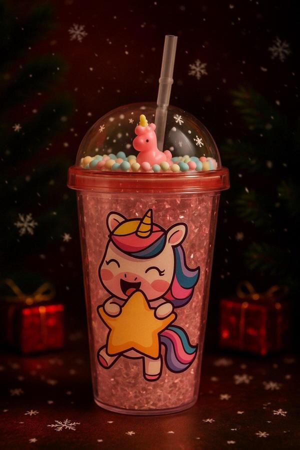 Renkli Boncuklu Unicorn Tasarımlı Pipetli İçecek Bardağı Çocuklar İçin Sevimli Suluk Pembe 2646 - Image 1