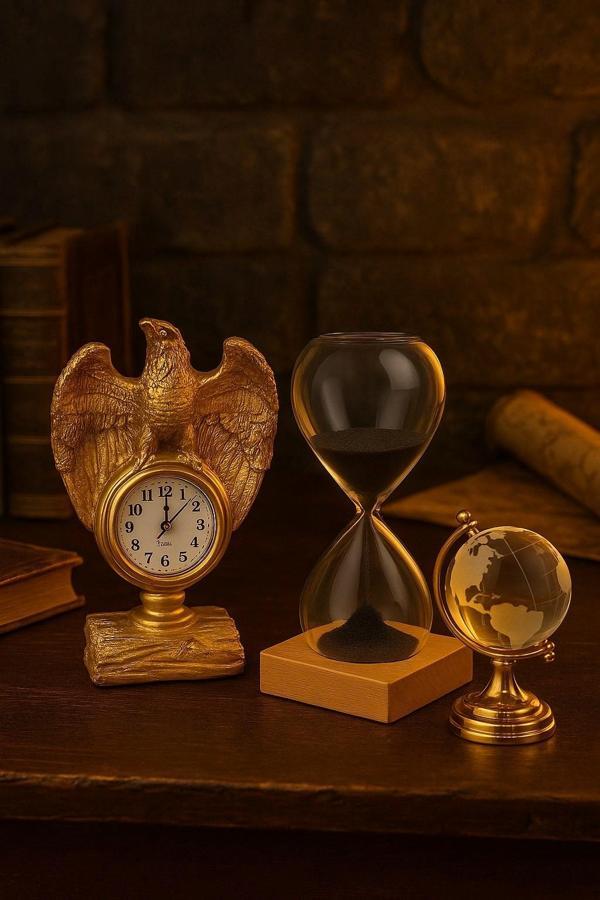 Koleksiyonluk İhtişamlı Altın Renkli Kartal Heykeli Masa Saati Cam Dünya Küre ve Kum Saati Hediye - Image 1