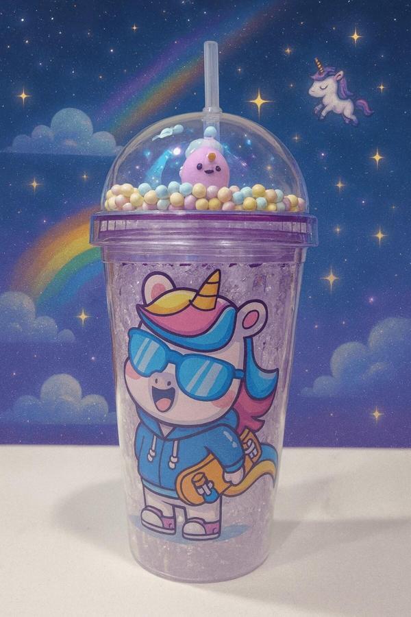 Renkli Boncuklu Unicorn Tasarımlı Pipetli İçecek Bardağı Çocuklar İçin Sevimli Suluk Mor 2646 - Image 1