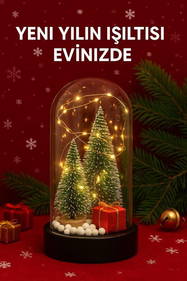 Yeni Yıl Ruhunu Yansıtan Led Işıklı 2 Li Yılbaşı Kar Efektli Çam Ağacı Hediye Paketi Temalı Fanus - Image 1