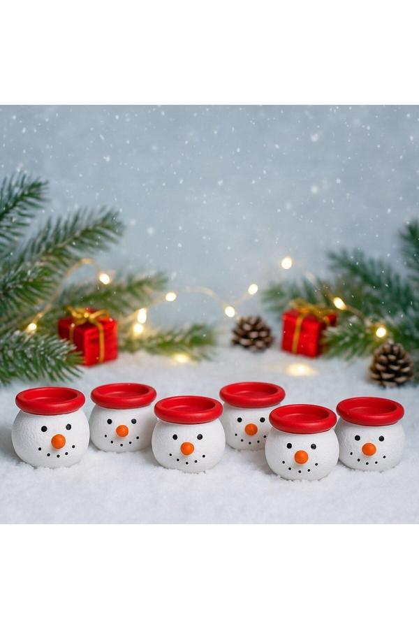 YeniYıl Yılbaşı Dekoru İçin 6’lı Noel Kardan Adam Figürlü Dekoratif El Yapımı Mini Mumluk Seti 5 CM - Image 1