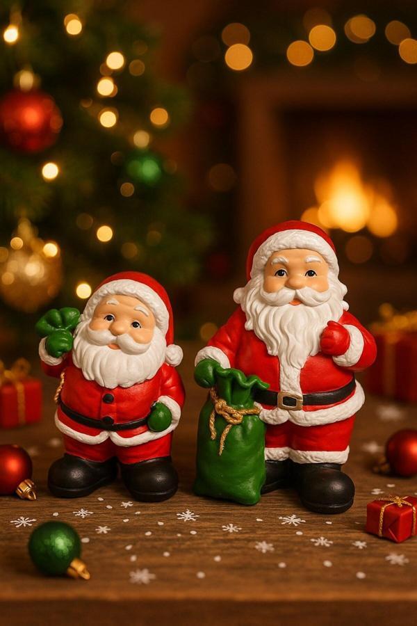 Yılbaşı Christmas 2’li Noel Baba Temalı Yılbaşı Masası İçin Dekoratif Biblo Hediye set 9 Cm & 11 Cm  - Image 1