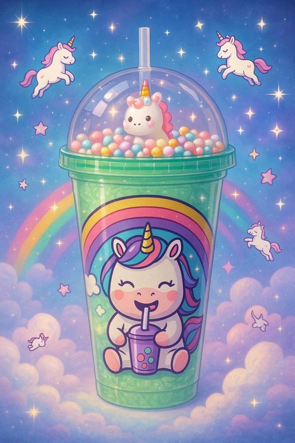 Renkli Boncuklu Unicorn Tasarımlı Pipetli İçecek Bardağı Çocuklar İçin Sevimli Suluk Yeşil 2646 - Image 1