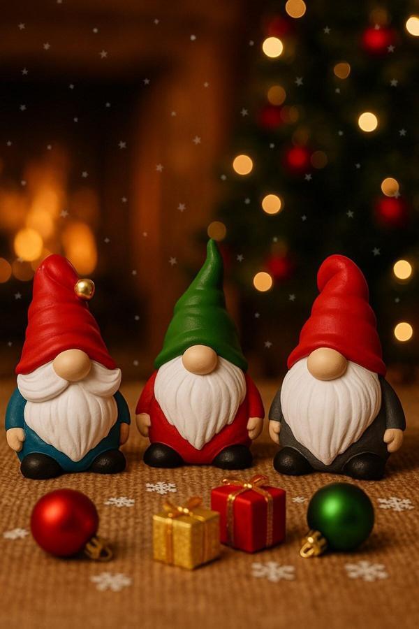 Şömine Ve Ağaç Yanına Yeni Yıl 3 lü Noel Cüce Süsleri El Yapımı Özel Tasarım Şık Biblo Hediye 13 Cm - Image 1