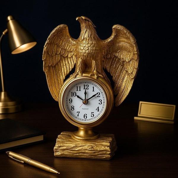 Çalışma Alanınıza Şıklık Katın Güçlü İhtişamlı Altın Renkli Kartal Heykeli Masa Saati Biblo 21x13 Cm - Image 1