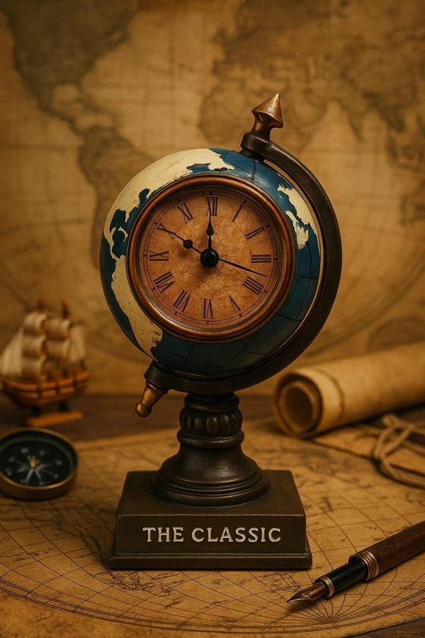 Çalışma Masanıza Klasik Asil Tasarım Nostaljik Masa Saati Biblosu Dünya Küresi Antika Saat 19 Cm-M - Image 1