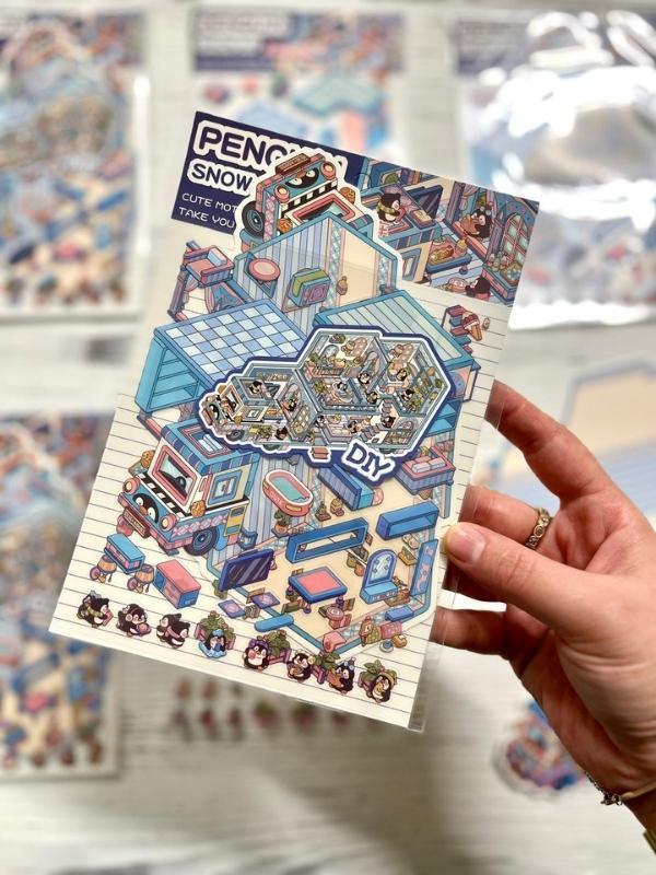 DIY Penguen Kar Karavanı 3D Diorama İzometrik Sticker Seti/86 Adet Sticker+Karavan Kartonu - Image 1