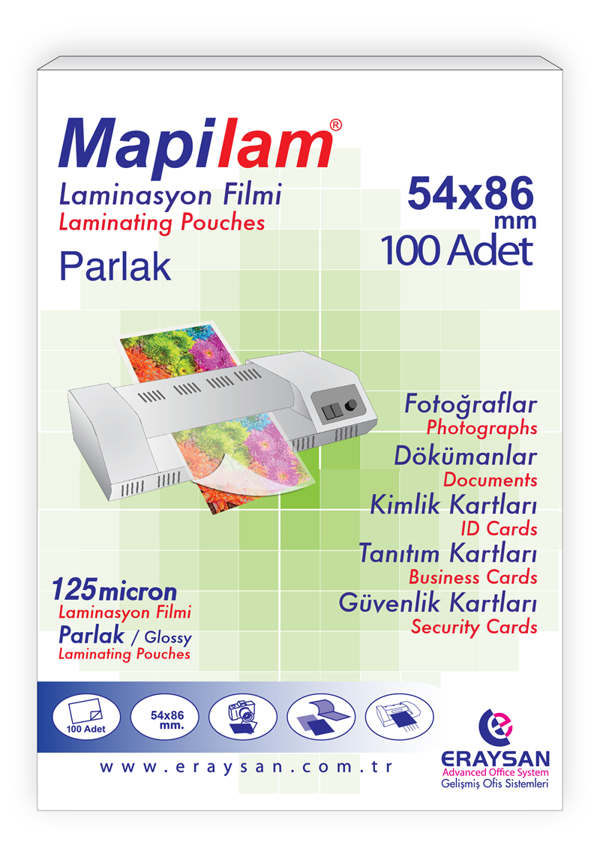 MAPİLAM 125 MİCRON PARLAK LAMİNASYON FİLMİ (KREDİ KARTI) (54X86) 100 LÜ - Image 1