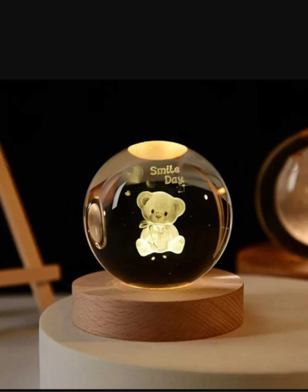 3D Kristal Cam Küre Ahşap Kaideli Gece Lambası - Ayıcık - Image 1