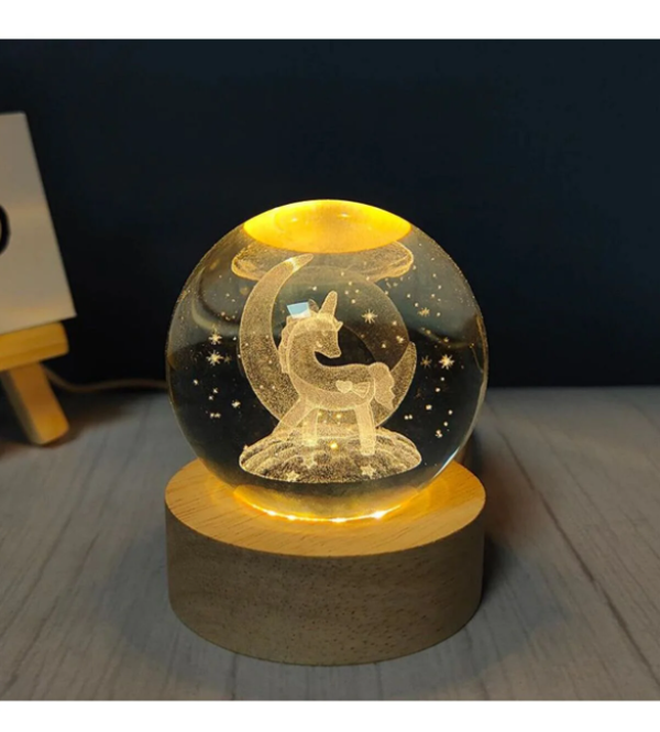 3D Kristal Cam Küre Ahşap Kaideli Gece Lambası - Unicorn - Image 1