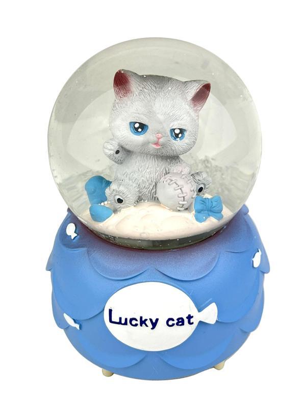 Lucky Cat - Şanslı Kedi Işıklı ve Müzikli Kar Küresi Mavi - Image 1