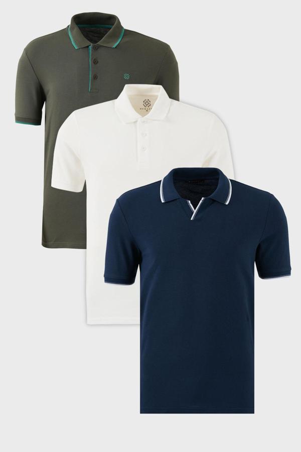 Buratti Pamuklu Regular Fit 3'lü Paket Erkek Polo Yaka T Shirt 59029641827S3 İndigo-Haki-Mint-Beyaz - Image 1