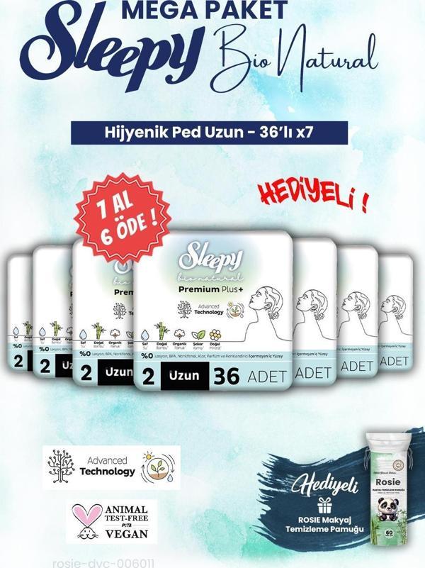 Sleepy Mega Paket 7 AL 6 ÖDE 36'lı Uzun Bio Hijyenik ped ve ROSIE makyaj pamuğu - Image 1
