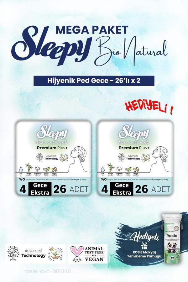 Sleepy 2 adet Mega Paket Gece 26'lı Bio Natural Hijyenik Ped ve ROSIE makyaj pamuk - Image 1
