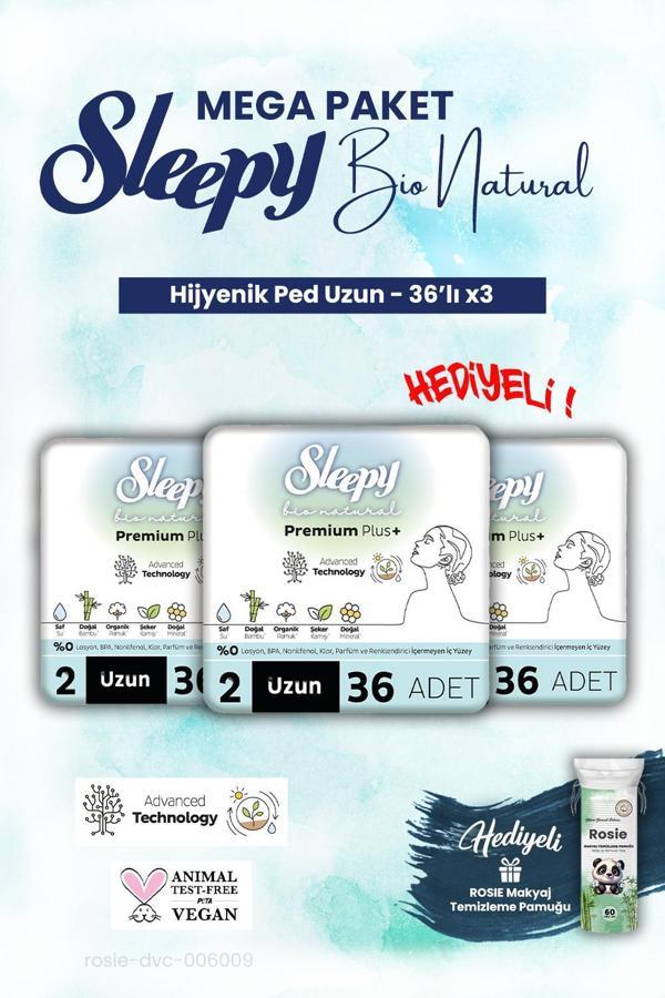 Sleepy 3'lü Bio Natural Uzun 36'lı Hijyenik Ped Mega Paket ve ROSIE makyaj pamuk - Image 1