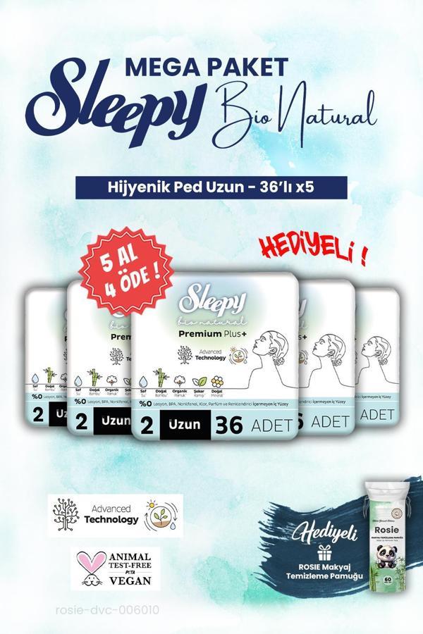 Sleepy Hijyenik ped 36'lı Uzun Mega Paket Bio 5 AL 4 ÖDE ve ROSIE makyaj pamuğu - Image 1