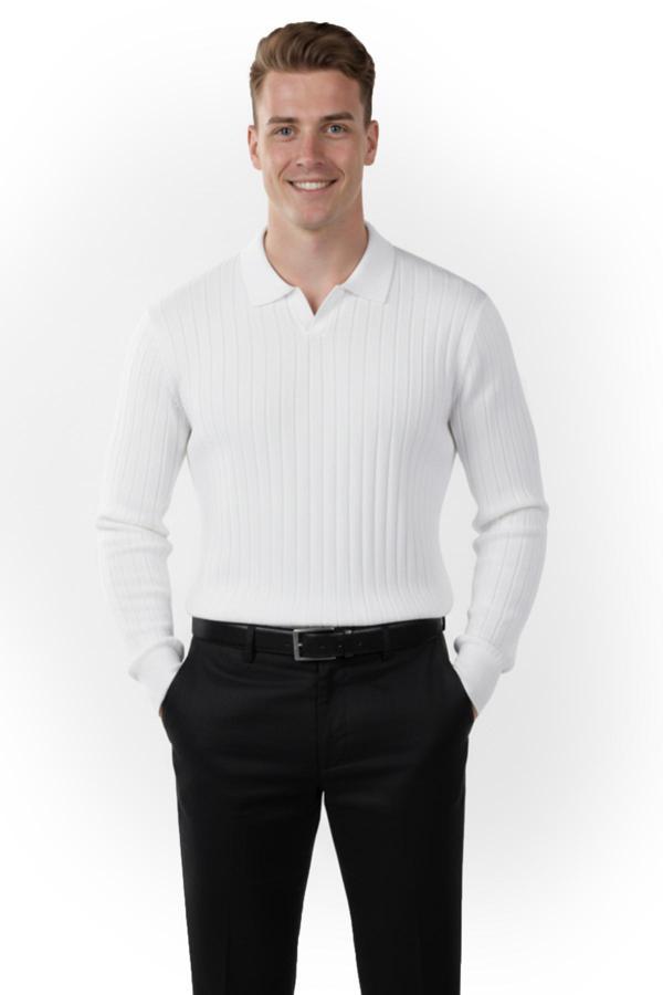 DeepSEA Erkek Beyaz Polo Yaka Fitilli Triko Kazak – %100 Pamuk, Esnek Dokulu, Modern Kalıp 2605305 - Image 1