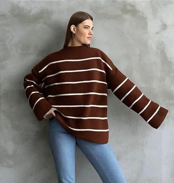 Çizgili ispanyol kol triko boğazlı kahve beyaz elf - Image 1
