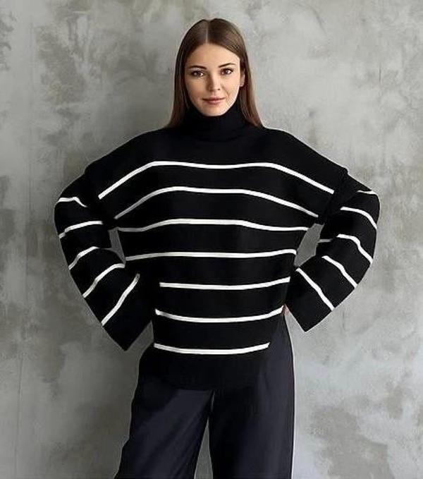 Çizgili ispanyol kol triko boğazlı kazak siyah elf - Image 1