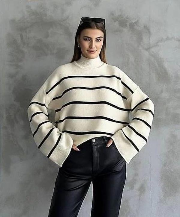 Çizgili ispanyol kol triko boğazlı kazak beyaz elf - Image 1