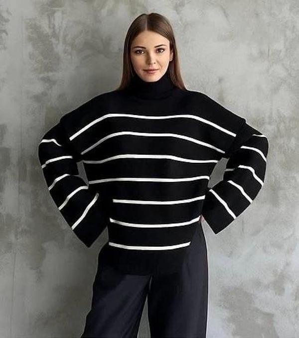 Çizgili ispanyol kol triko boğazlı kazak siyah elf - Image 1