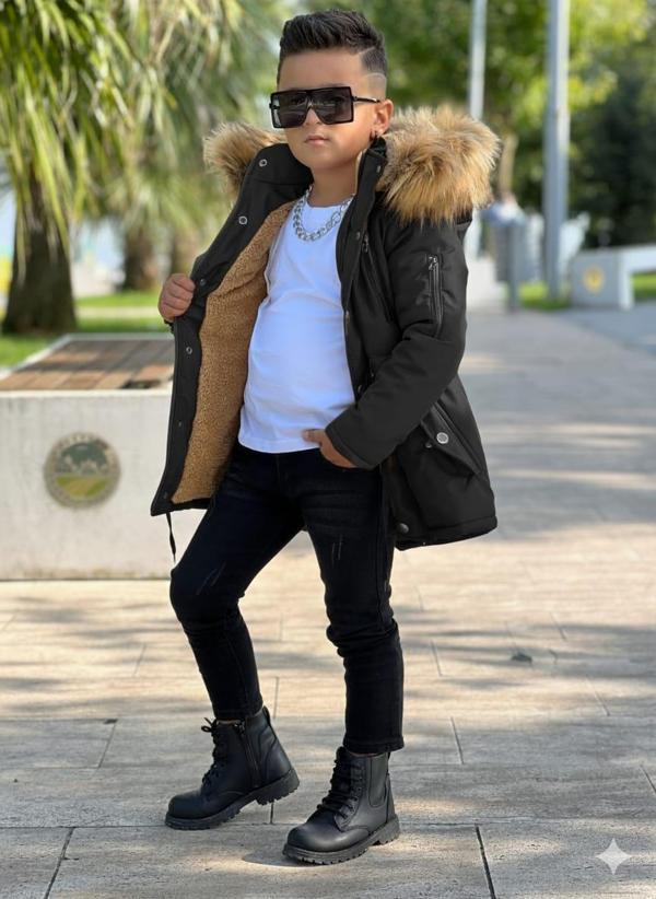 MODAVALS ERKEK ÇOCUK GARSON BEDEN İTHAL TAK ÇIKAR KÜRKLÜ CEPLİ FERMUARLI DÜĞMELİ BONDİT KUMAŞ KIŞLIK MONT-SİYAH 851247962 - Image 1