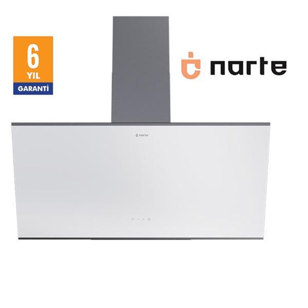 NARTE -H20090W 90 CM Beyaz Cam Inox Çıtalı Eğimli Davlumbaz - 6 YIL GARANTİLİ - Image 1
