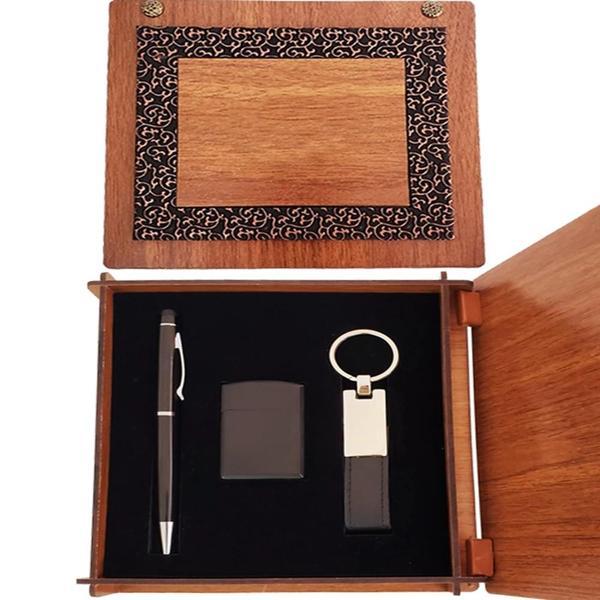 Ahşap Kutulu Siyah Kalem Anahtarlık ve Mat Çakmak - Image 1
