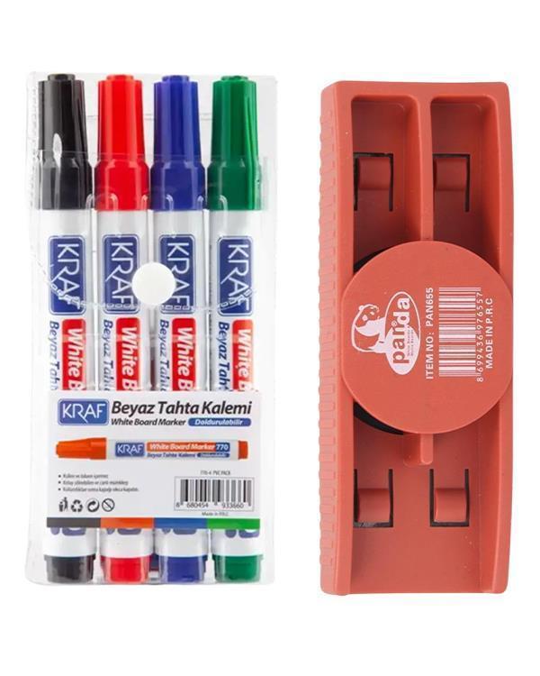 Kraf Doldurulabilir Beyaz Tahta Kalemi 4lü ve Panda Mıknatıslı Yazı Tahtası Silgisi Set - Image 1