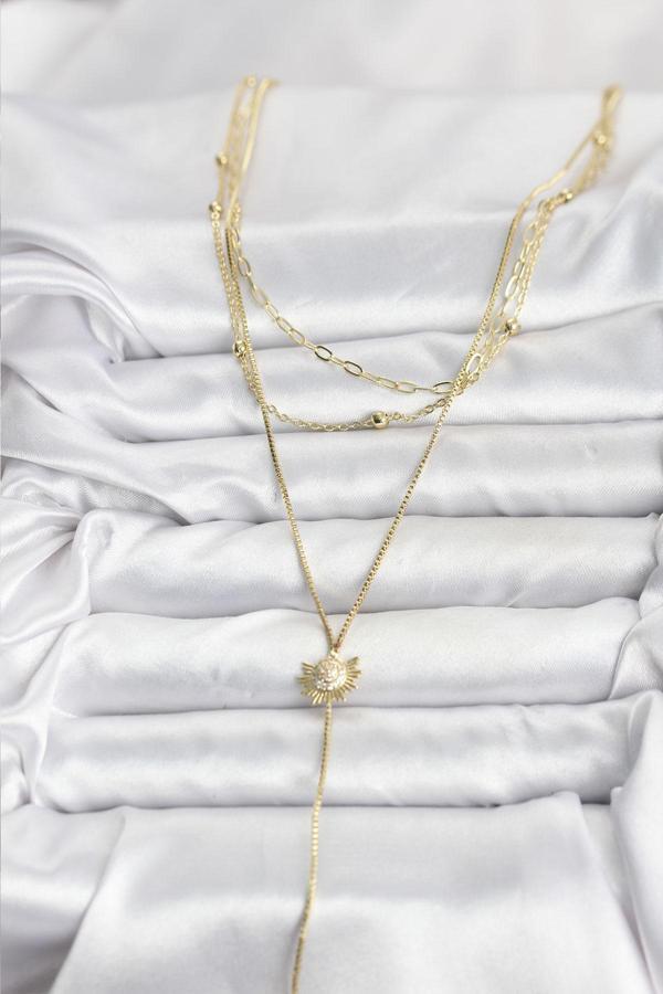 Zarif Boyunlar için Golden Pirinç Zirkonlu Güneş Üçlü Kombin Y Kadın Kolye - Image 1