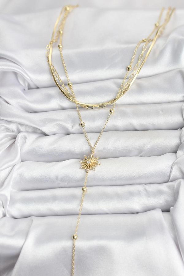 Zarif Boyunlar için Golden Pirinç Zirkonlu Üçlü Kombin Y Kadın Kolye - Image 1