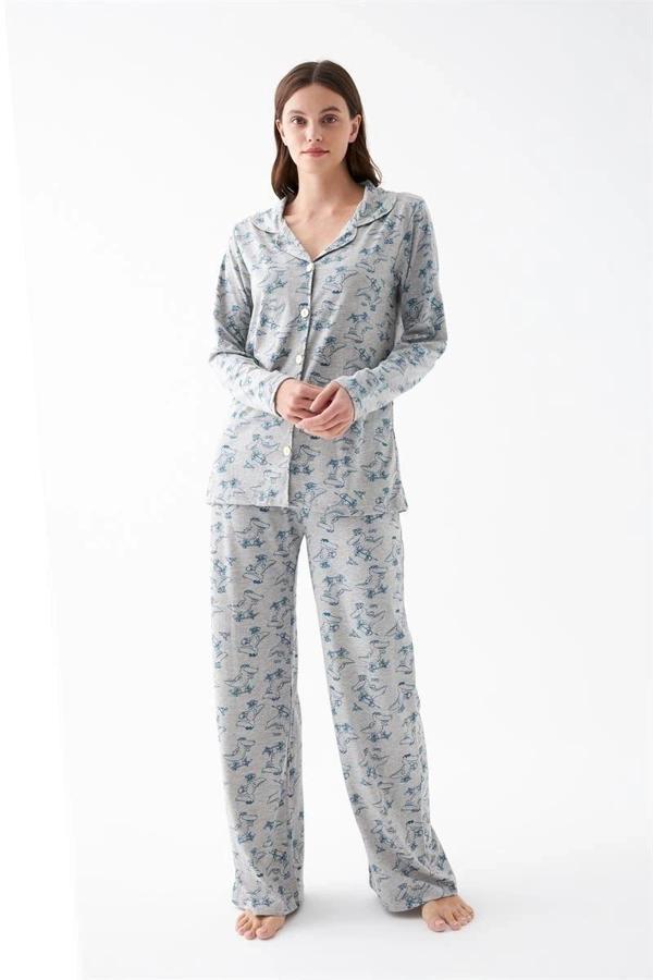 Giyim Kadın Gri Desenli Düğmeli Pamuklu Pijama Takımı - Image 1