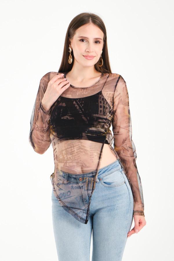 Yırtmaç Detaylı Tül Bluz - Image 1