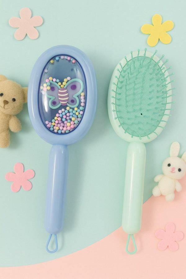 1 Adet Kelebek Figürlü Renkli Boncuklu Kız Çocuk Saç Tarağı Fırçası Kolay Taranma Saçları Acıtmaz - Image 1