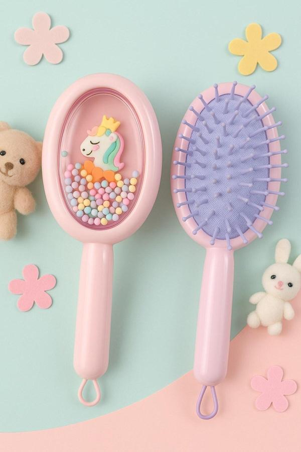 1 Adet Pembe Unicorn Figürlü Renkli Boncuklu Çocuk Saç Tarağı Fırçası Kolay Taranma Saçları Acıtmaz - Image 1